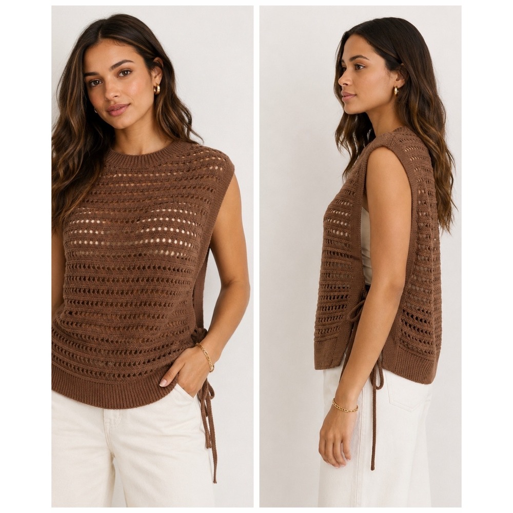 Max Studio Londonโ Sweater Vest Women XS Brown NWT Pointelle Side Tie 4707940